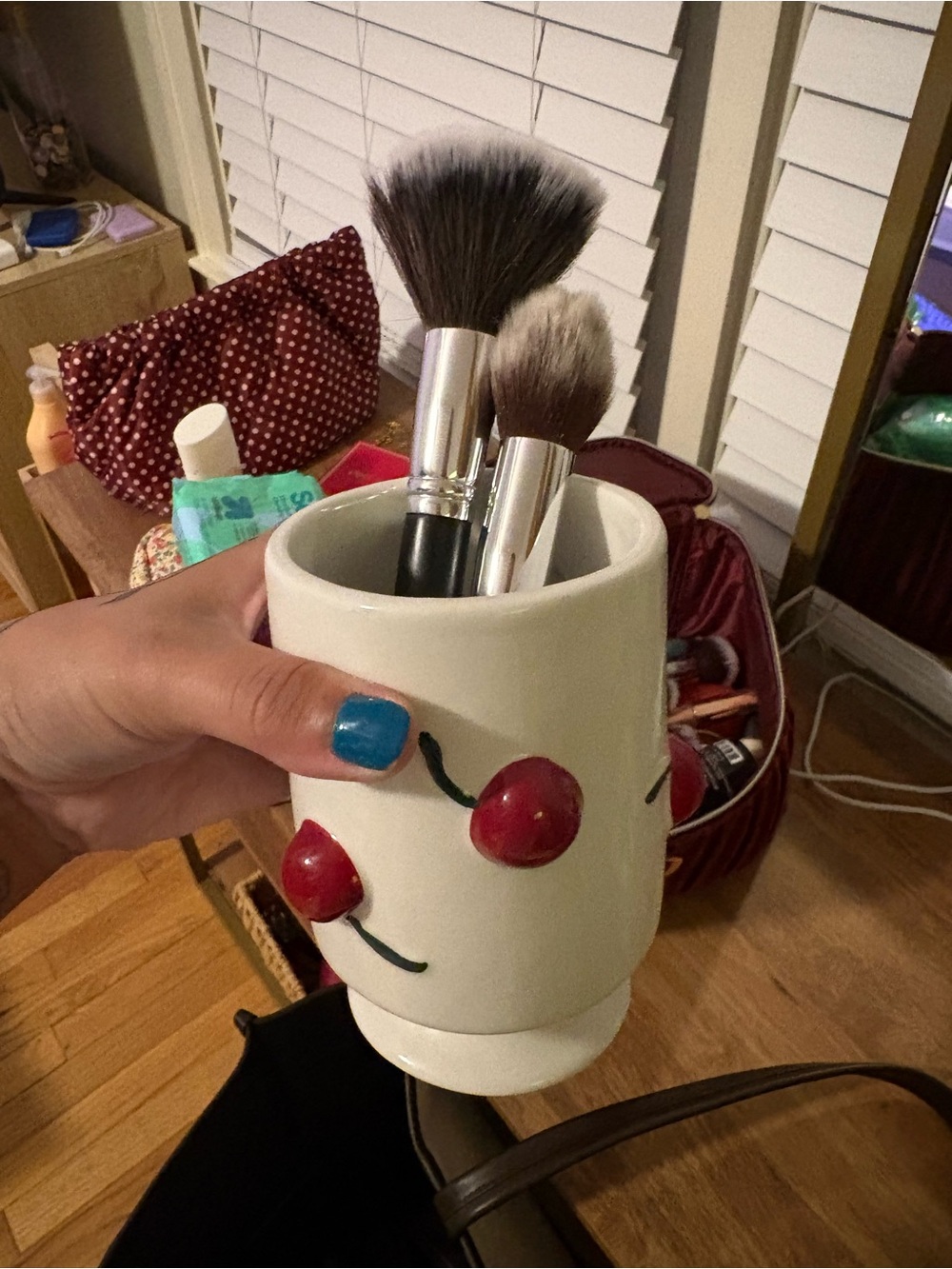 Ceramic Cherry Makeup Brush Holder - White with Red Accents